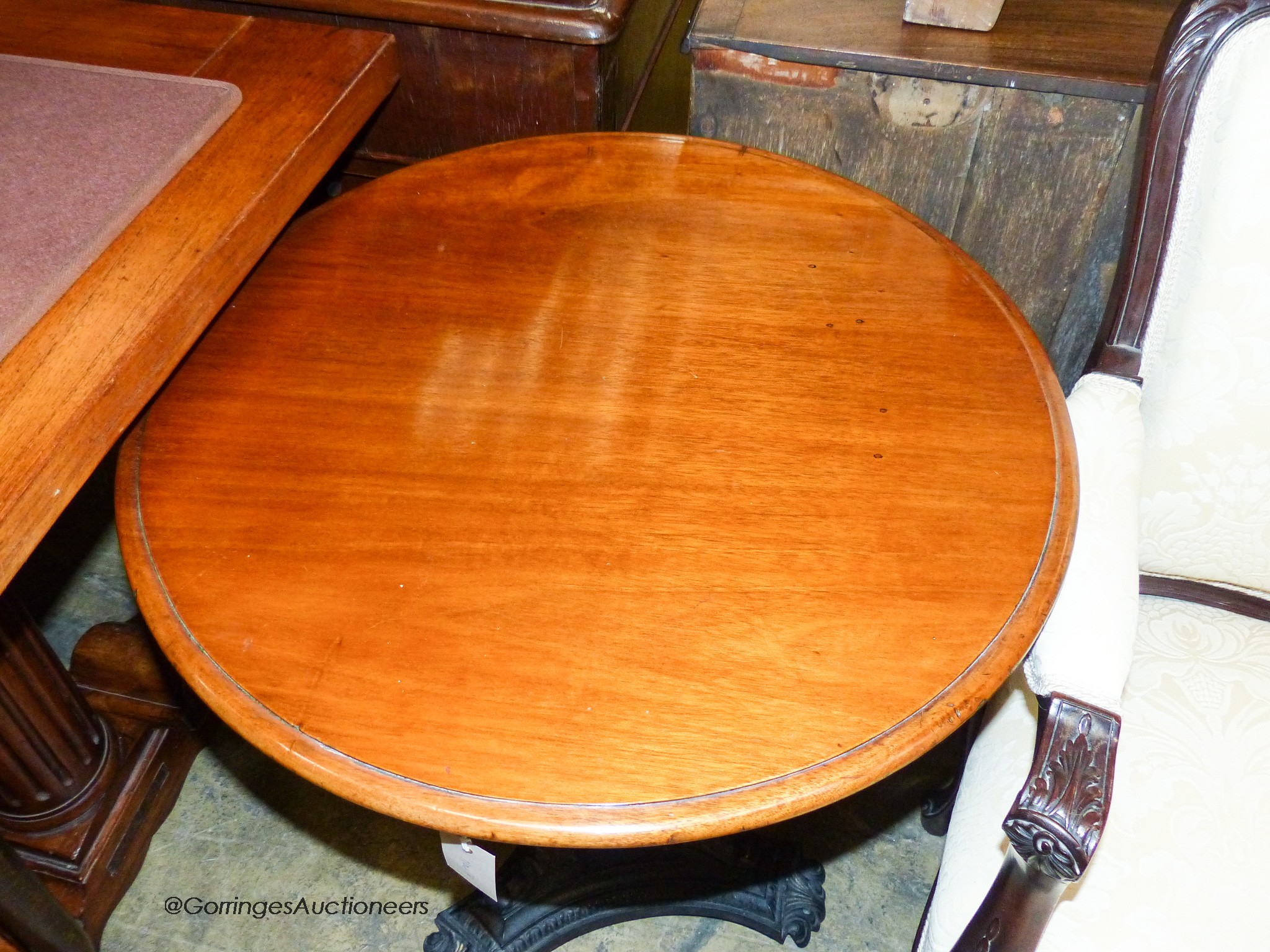 A Victorian style cast metal circular mahogany occasional table, diameter 59cm, height 70cm